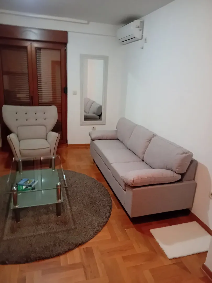 Dnevna soba sa sivom garniturom, foteljom i staklenim stočićem.