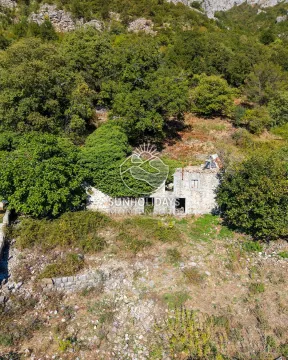 Pogled iz vazduha na staru kamenu kuću okruženu šumom i zelenilom. - image 6
