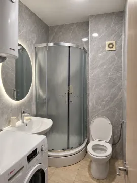 Modern bathroom with a shower cabin, washbasin, toilet, and washing machine. - image 8