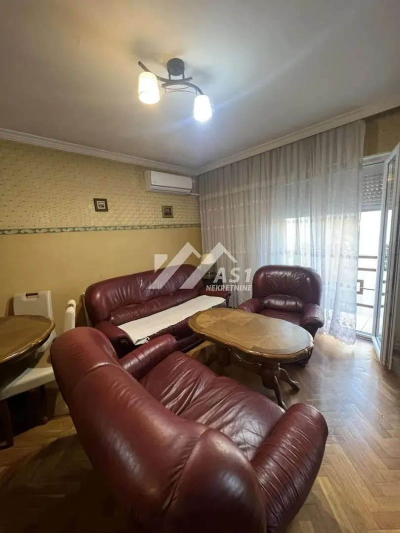 Dnevni boravak sa kožnim garniturama, drvenim stočićem i izlazom na terasu.