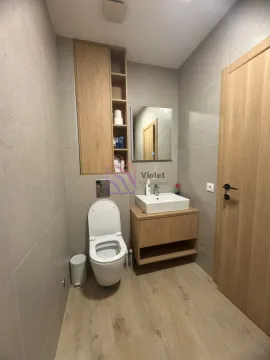 Modern bathroom with toilet, washbasin, mirror and wooden elements. - image 8