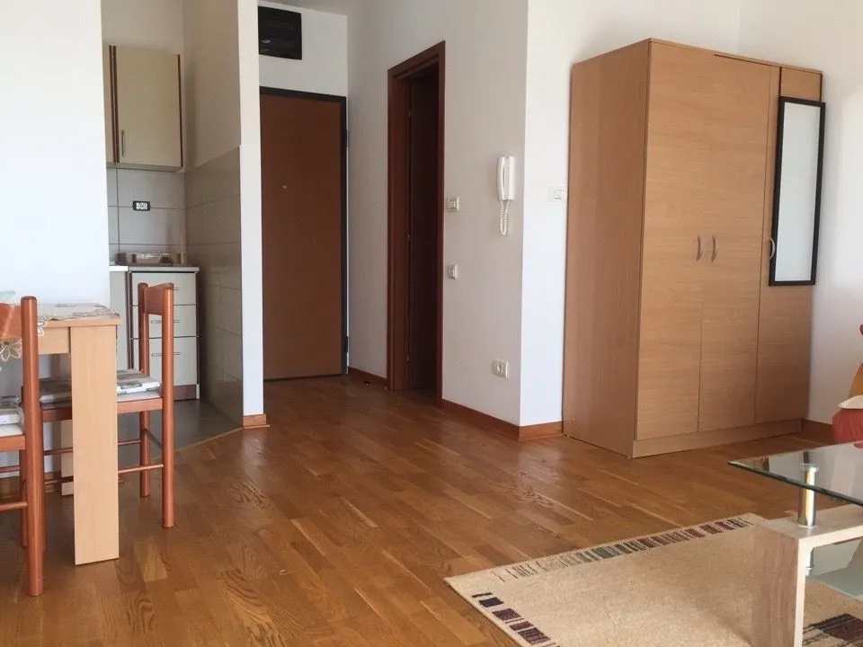 Dnevni boravak sa trpezarijom i pogledom na hodnik i kuhinju.