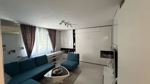 Dnevna soba sa plavom garniturom, stočićem i ugradnim ormarom sa krevetom. - image 6