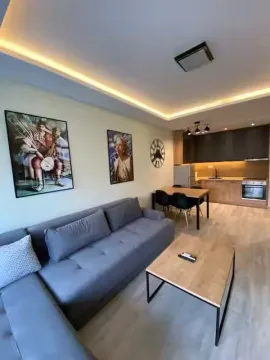 Living room with sofa connected to the dining area and kitchen. - image 6