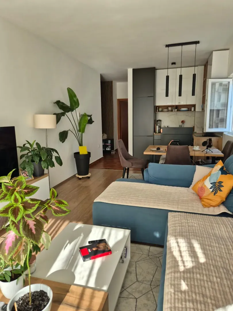 Living room connected with dining area and kitchen.