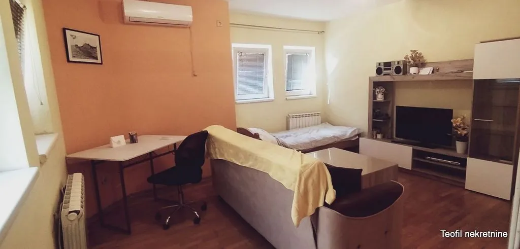 Dnevni boravak sa garniturom, TV komodom i radnim stolom.