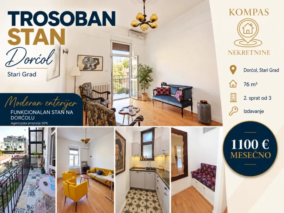Izdavanje, trosoban stan, 76m², Stari Grad, Beograd