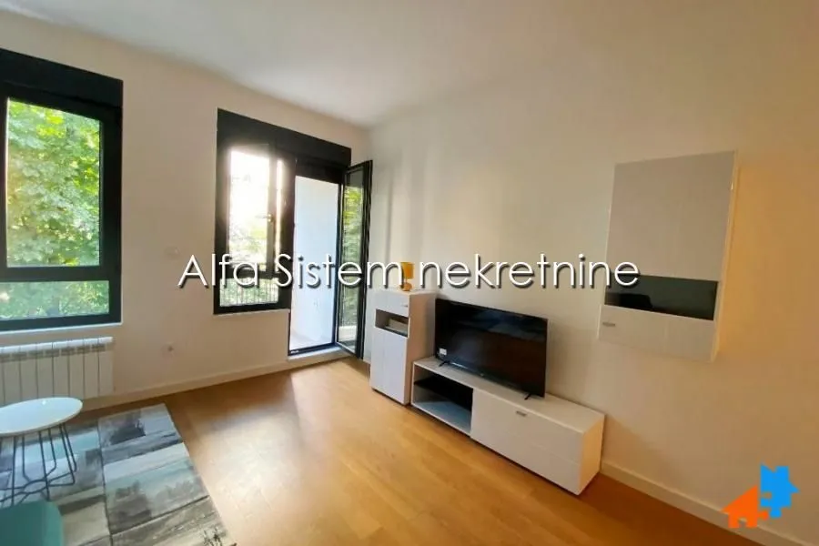 Living room with a television, wooden flooring, and access to the terrace.