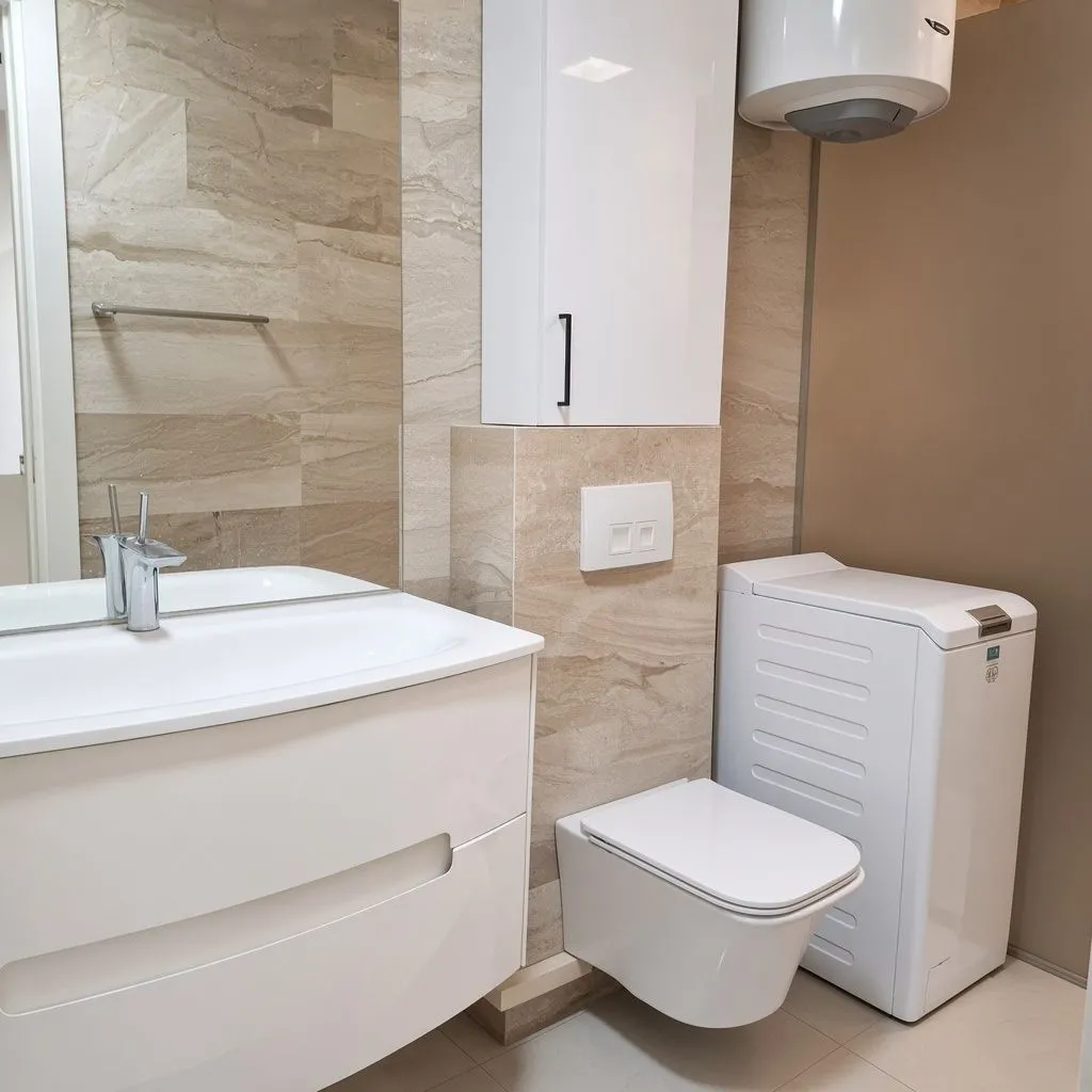 Modern bathroom equipped with a washbasin, toilet, and washing machine.