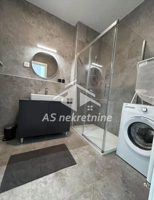 A modern bathroom equipped with a walk-in shower, washbasin, and washing machine.