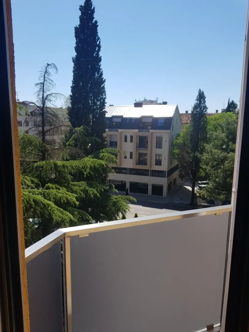 View from the balcony overlooking surrounding buildings and trees.