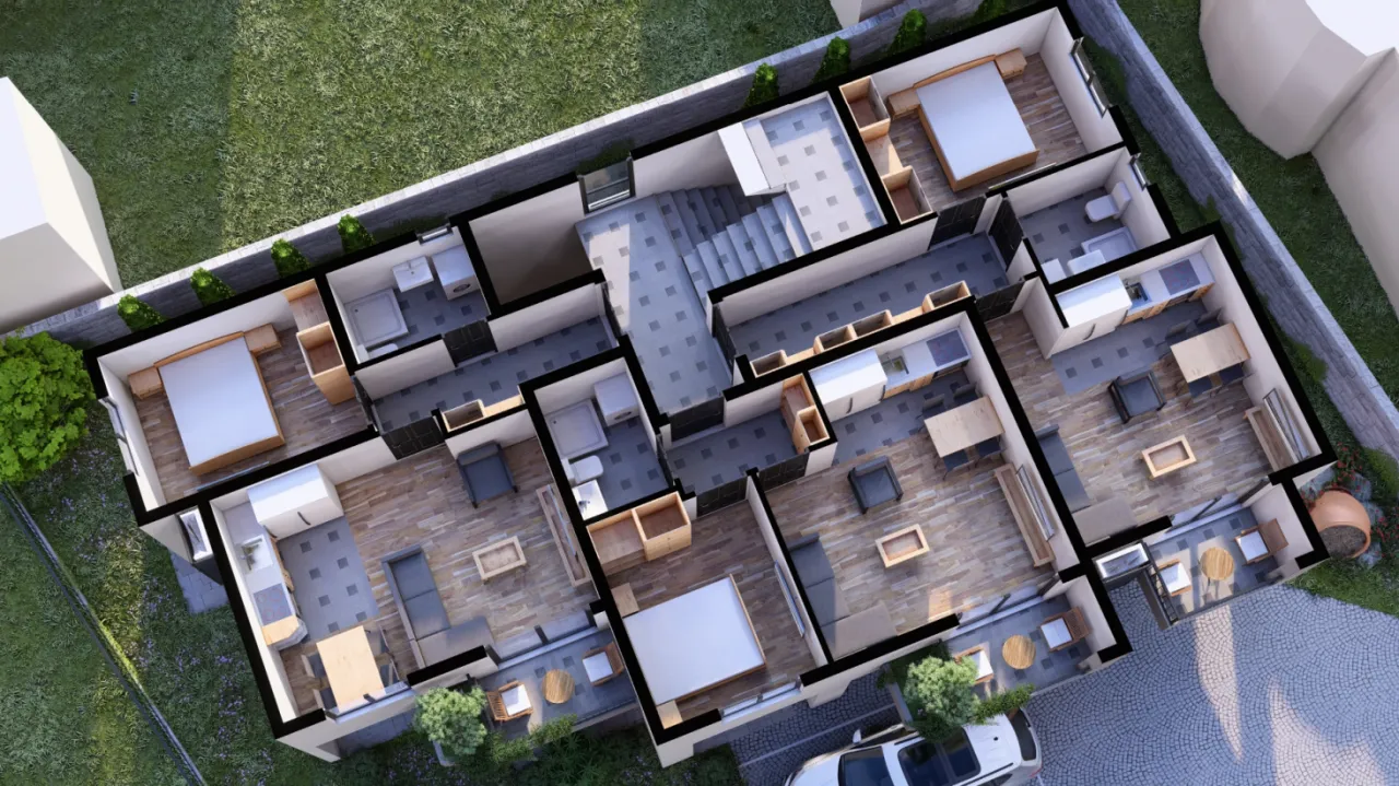 Three-dimensional floor plan showing the layout of furniture and rooms.