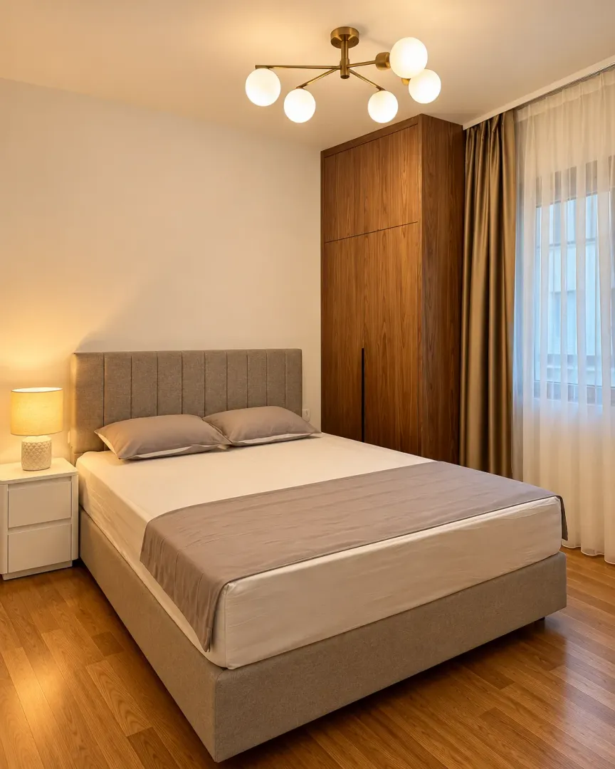Modern bedroom with a double bed, wooden wardrobe, and hardwood flooring.