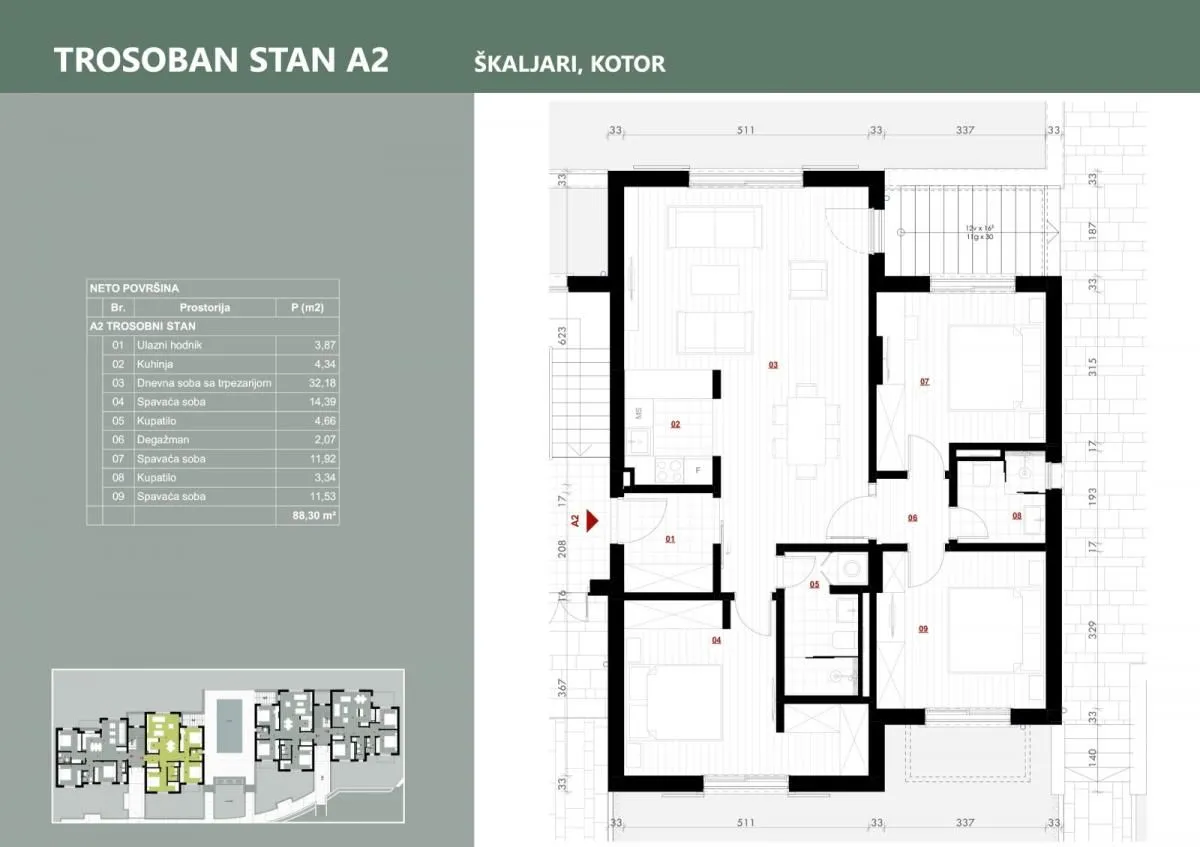 Prodaja, trosoban stan, 88m², Kotor, Crna Gora