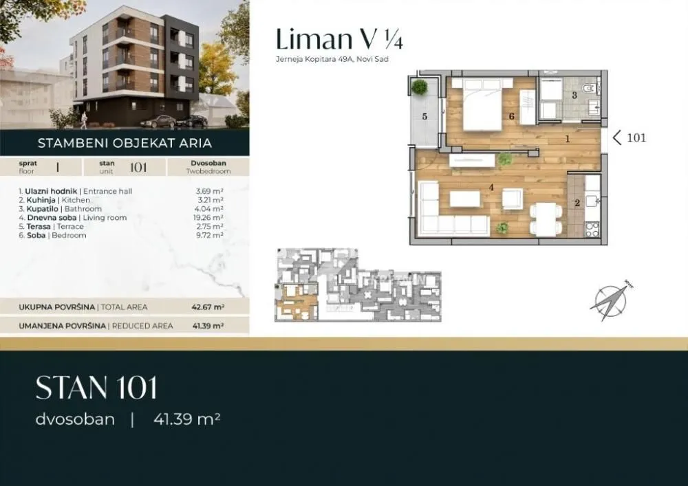 Sale, two bedroom apartment, 42m², Telep, Novi Sad Sve Podlokacije