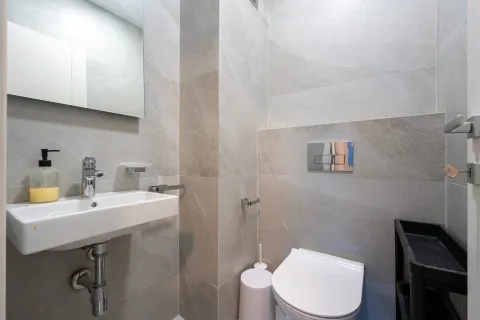 Modernly equipped bathroom with a washbasin and toilet, tiled in grey. - image 11