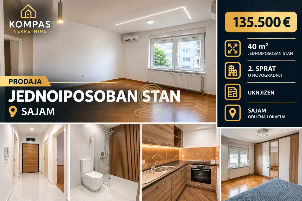 Kolaž fotografija enterijera jednosanog stana sa informacijama o ceni i lokaciji.