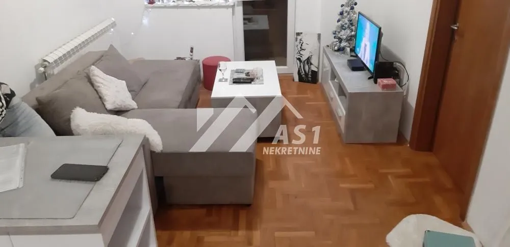 Living room with a sofa and television.