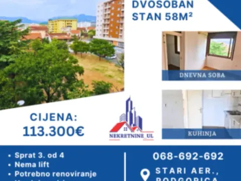Prodaja, dvosoban stan, 58m², Stari Aerodrom, Podgorica