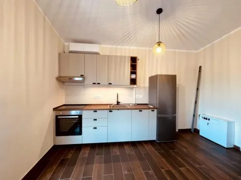 Manja kuhinja sa svetlim elementima, frižiderom i tamnim drvenim podom. - image 8