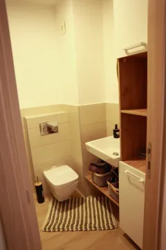 View of a modernly equipped bathroom with a toilet, washbasin, and wooden storage unit. - image 23