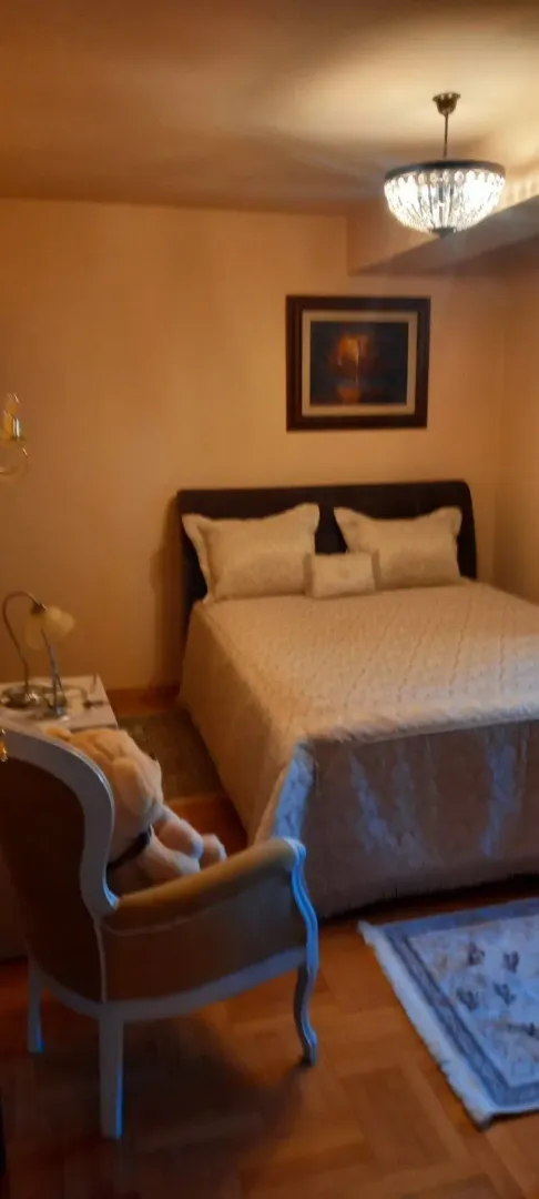 Udobna spavaća soba sa bračnim krevetom i foteljom.