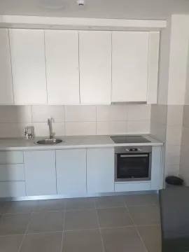 Moderna bijela kuhinja sa ugradnim aparatima i sivim pločicama. - image 11