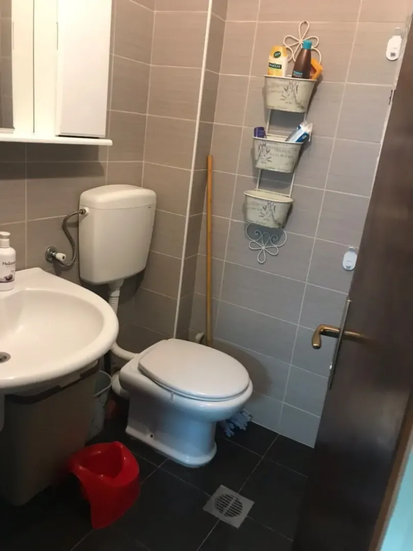 Small bathroom with a sink, toilet bowl, and wall tiles.