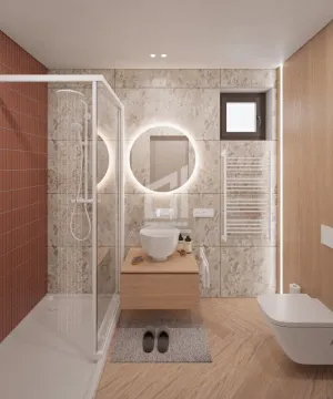 Moderne kupatilo sa tuš kabinom, umivaonikom i ugrađenim wc šoljom. - image 6
