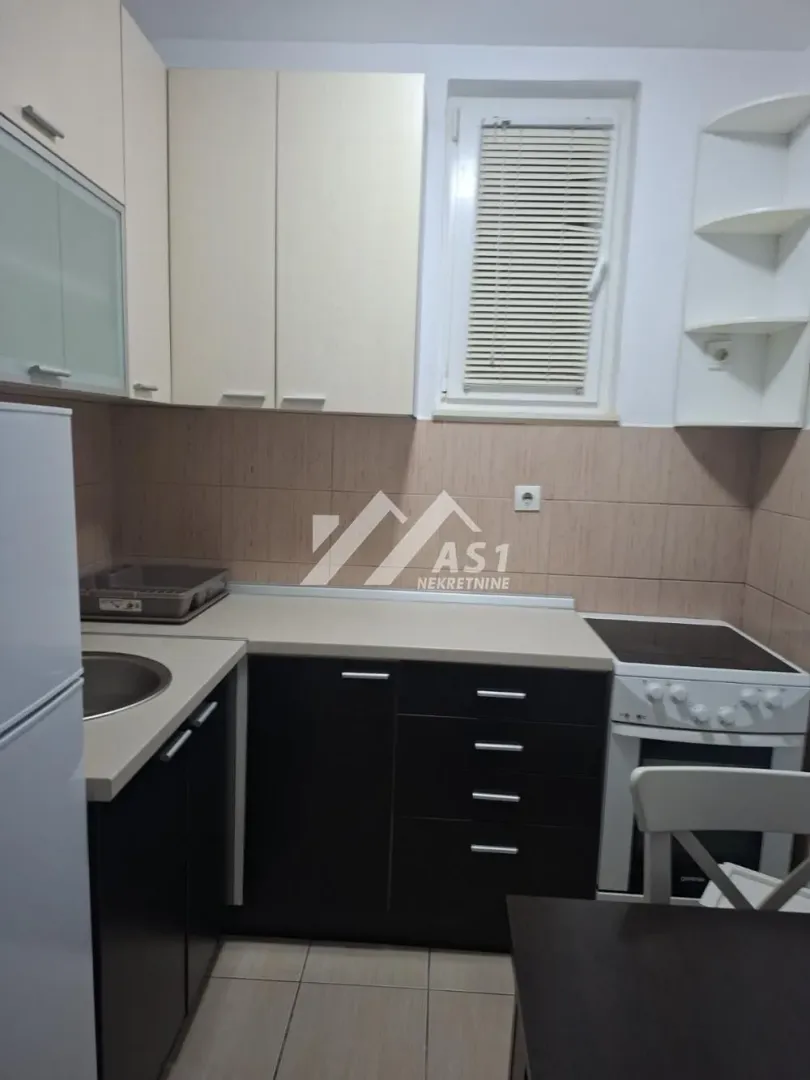 Manja kuhinja sa donjim i gornjim elementima, sudoperom i šporetom.