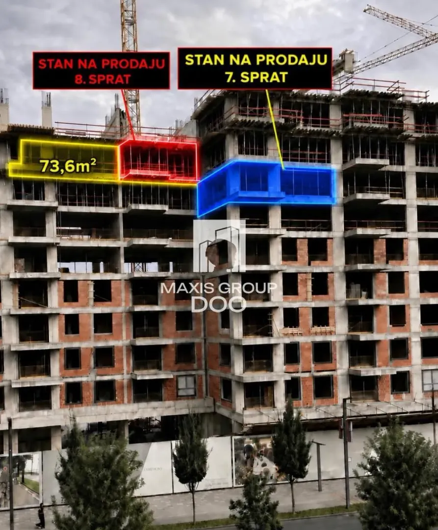 View of a residential building under construction with marked apartments for sale.