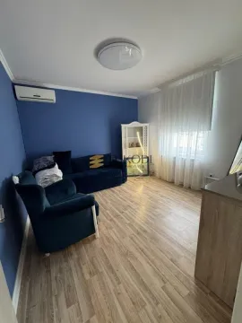 Dnevna soba sa plavim zidom, sofom, foteljom i laminatnim podom. - image 7