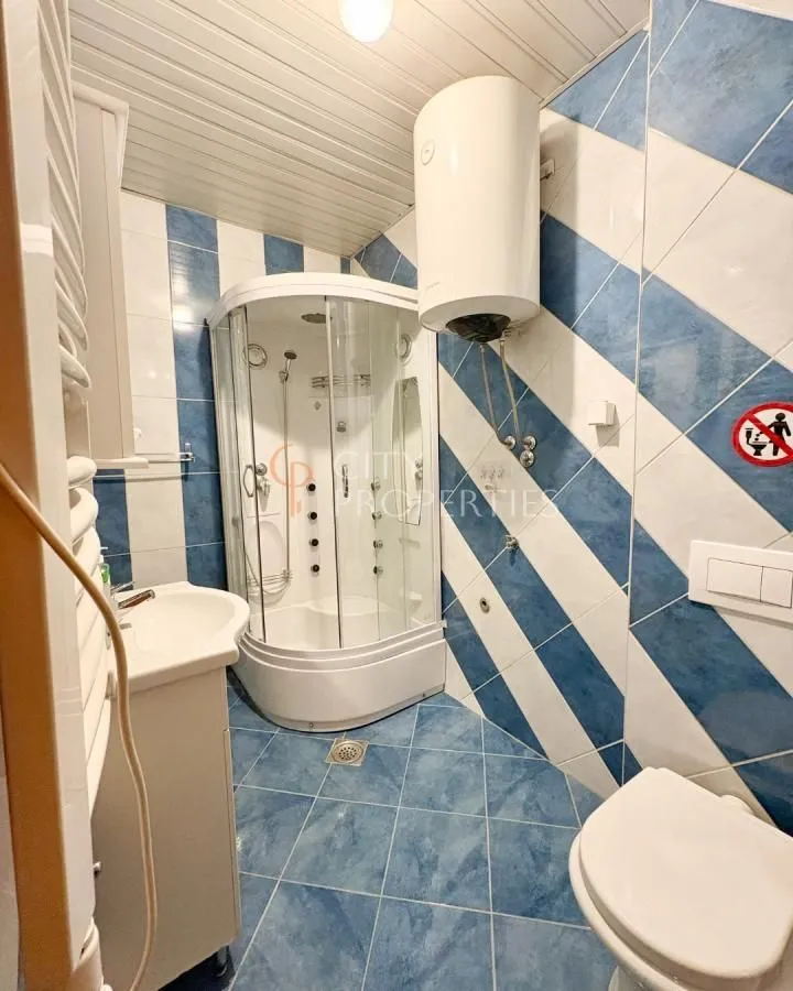 Bathroom with a shower cabin, washbasin, and toilet.