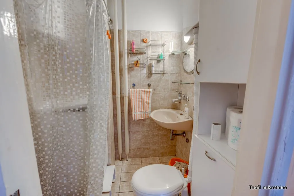 Small bathroom with a sink, toilet, and shower cabin.