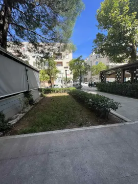 Landscaped exterior area with a lawn and a paved path in front of the building. - image 9