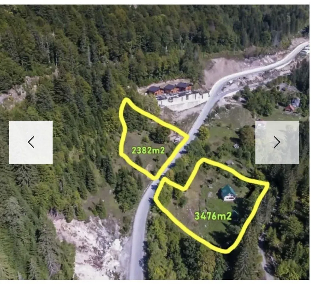 Satelitski snimak zemljišta sa označenim granicama i površinama parcela.