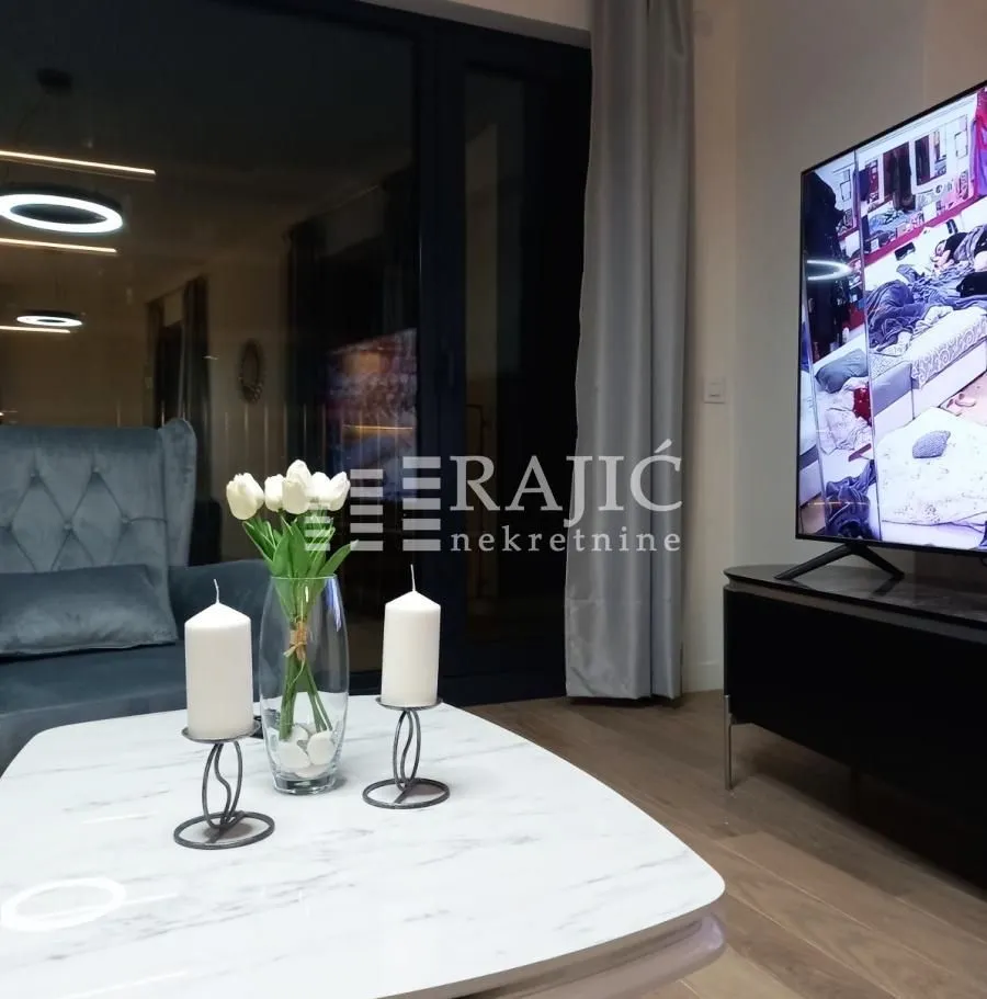 Modern living room with a sofa and TV.