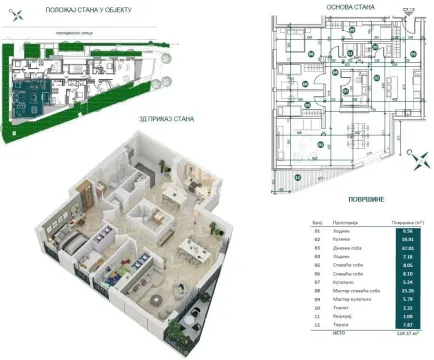 Arhitektonski plan stana sa 3D prikazom i tabelom površina. - image 2
