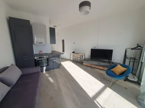 Living room with kitchen, sofa and television. - image 2
