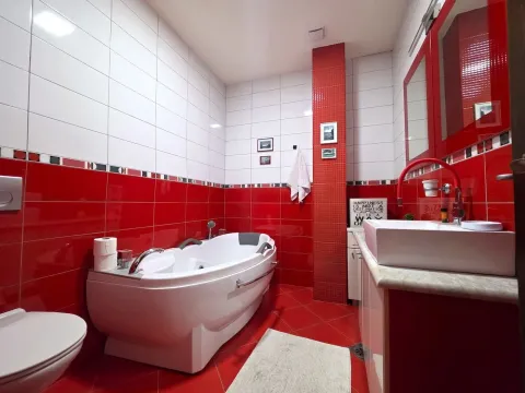 Modern bathroom with red tiles, bathtub, and washbasin. - image 21
