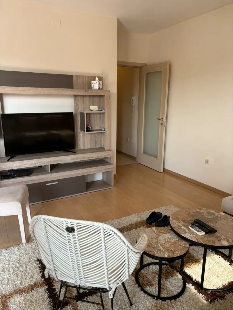 Living room with a TV unit, coffee table, and armchair.