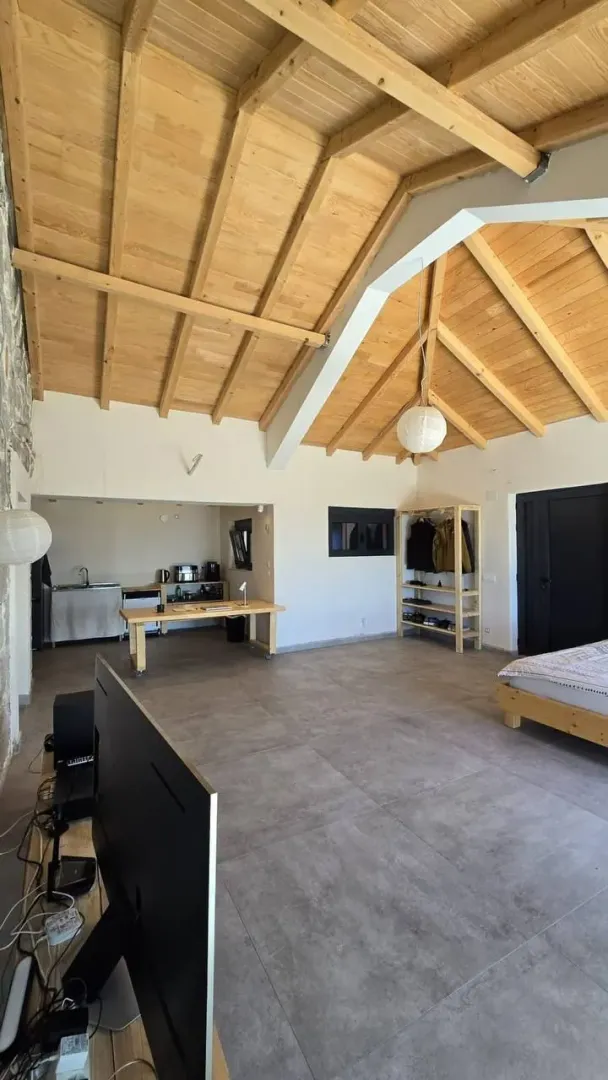 Spacious bedroom with a wooden roof and tiled flooring.