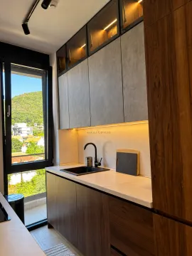 Modern kitchen with wooden elements, sink, and a window with a nature view. - image 7