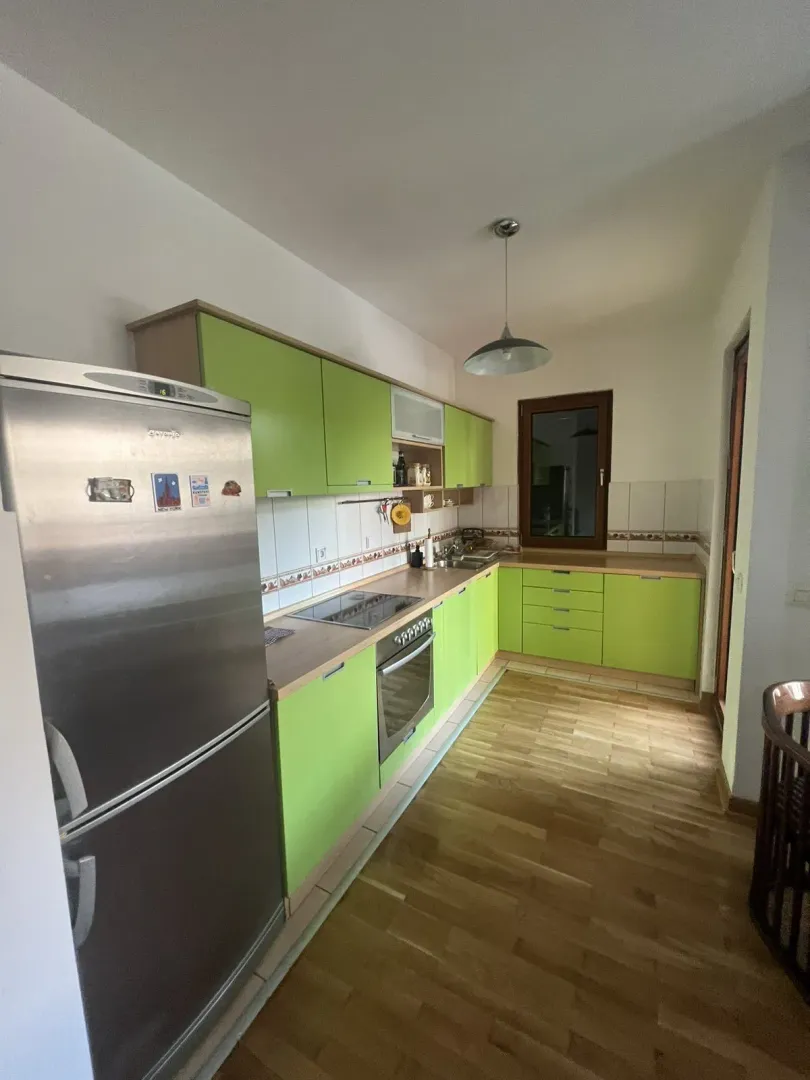 Bright kitchen with green cabinets and a refrigerator.