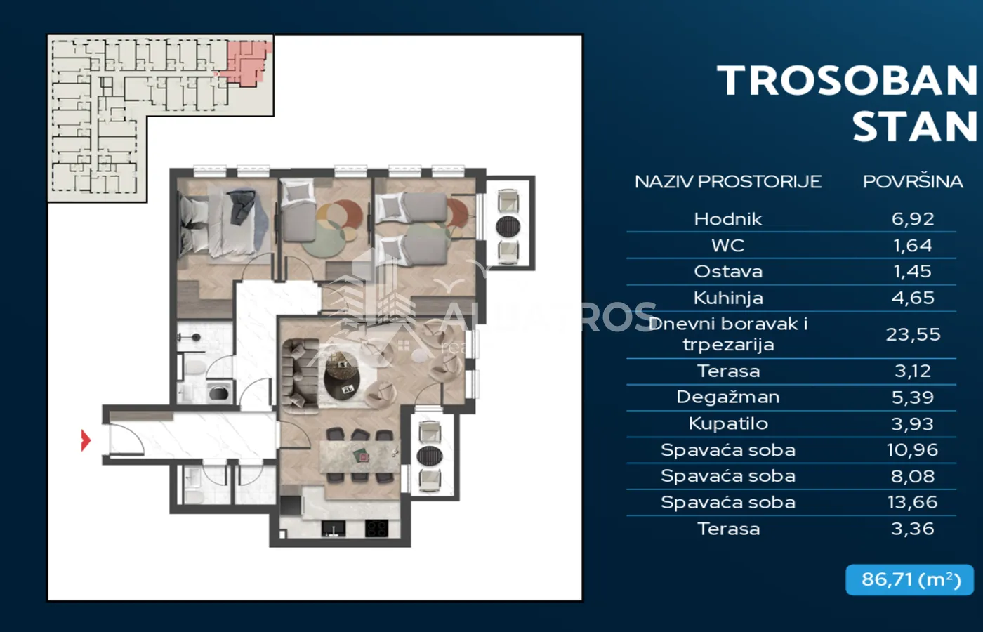 Osnova trosobnog stana sa tabelom površina prostorija.
