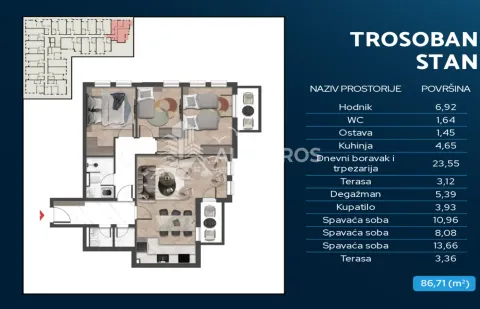Osnova trosobnog stana sa tabelom površina prostorija. - image 14