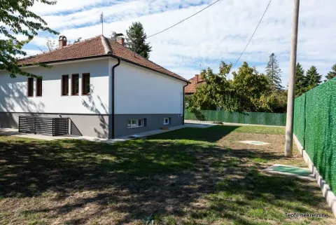 Pogled na dvorište i bočnu fasadu kuće sa uređenom travnatom površinom. - image 6