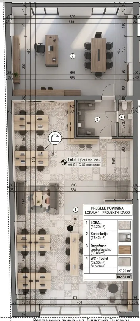 Floor plan of the commercial space with detailed dimensions and furniture layout.