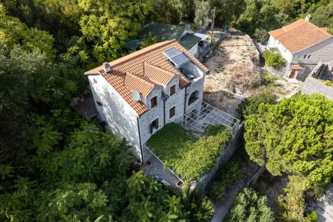 Pogled iz vazduha na tradicionalnu kamenu kuću sa okolinom i zelenilom. - image 13