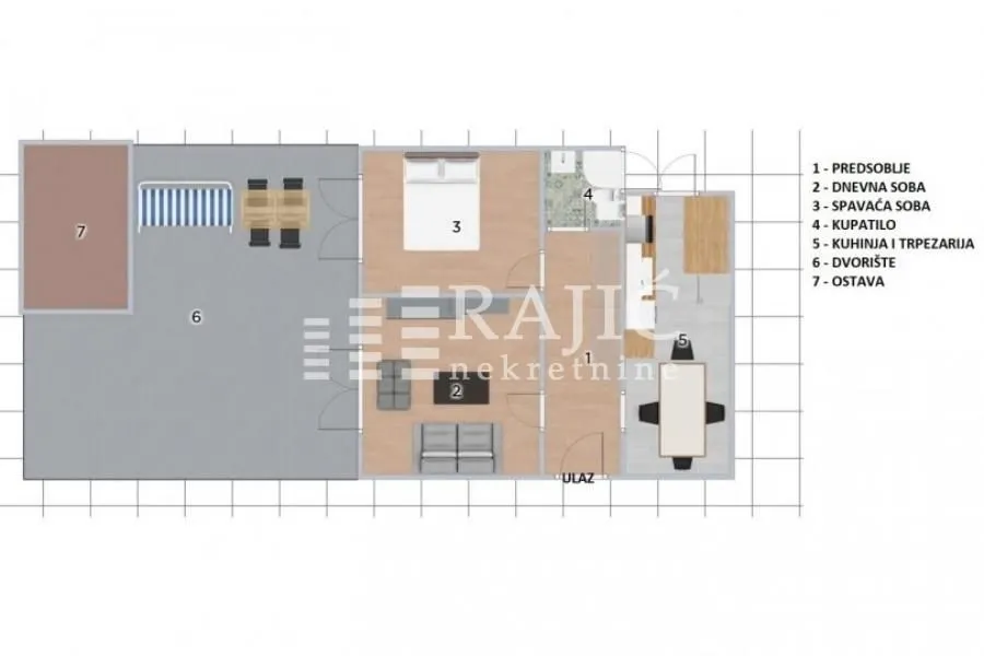 Apartment floor plan showing the room layout and yard.